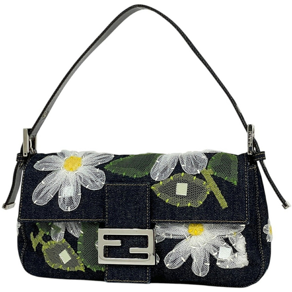 Fendi Mamma Bucket Flower Lace Shoulder Bag Denim Navy Blue